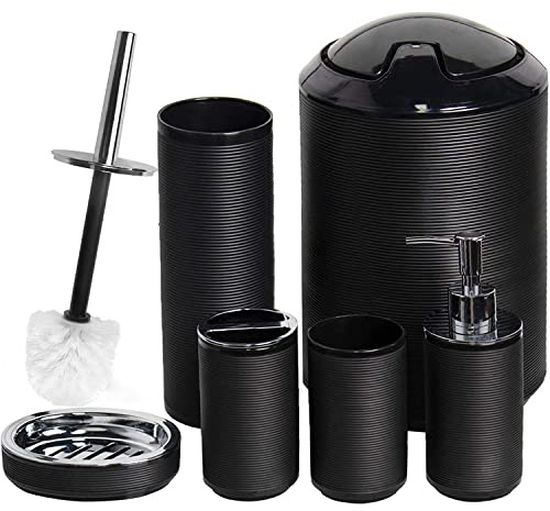 CERBIOR Bathroom Accessories Set 6 Piece Bath Ensemble Includes Soap Dispenser, Toothbrush Holder, Toothbrush Cup, Soap Dish for Decorative Countertop and Housewarming Gift, Black