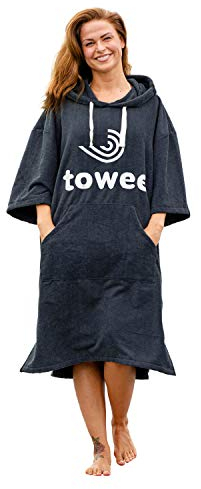 Towee Poncho Surf Handtuch, Mikrofaser Mit Kapuze, Schnelltrocknend, Surferhandtuch für Damen und Herren (Anthrazit - Weiß, 70 x 100 cm)