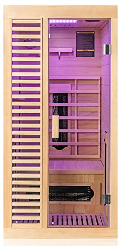 Dewello® Infrarotkabine Infrarotsauna Hamlin 90cm x 90cm für 1 Person aus Hemlock Tannenholz mit Keramikstrahler, Bodenstrahler, LED-Farblicht, Bluetooth, FM,MP3,USB