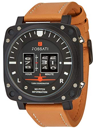 Fossati Aviation Herrenuhr Edelstahl Ø44mm Braun/Schwarz Leder Armbanduhr Drum-Roller Trommelwalzen Fliegeruhr Quarz-Uhr