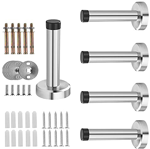 5 Pack Stainless Steel Safty Door Stopper, Modern Door Stop, Hardware Pack Heavy Duty Wall Mounted Rubber Buffer Bumper with Screws and Drywall Anchors