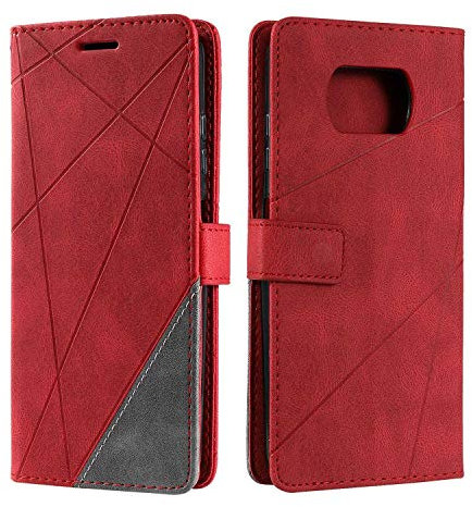 SONWO Hülle für Xiaomi Poco X3 NFC, Premium Leder PU Handyhülle Flip Case Wallet Silikon Bumper Schutzhülle Klapphülle für Xiaomi Poco X3 NFC, Rot