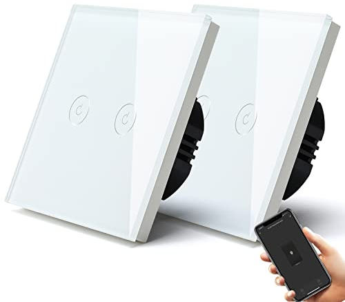 BSEED Smart Light Switch 2 Pack Smart Alexa 2 Gang 2 Way WiFi Switchable Switches, Glass Panel Wall Light Switch White, Goggle/Voice Control, Sharing Devices (Neutral Wire Required)