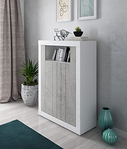Dmora - Buffet haut de design moderne avec 2 portes et étagères, Buffet de cuisine, Buffet avec étagères et étagères, 105x42h143 cm, Couleur Blanc et Ciment