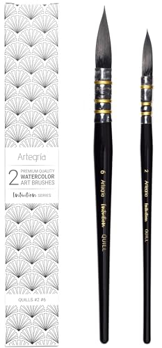 ARTEGRIA Watercolor Brush Set - Sizes 2, 6 - Round Quill Fine Tip Mop Brushes, Soft Synthetic Squirrel Hair, Short Handles for Professional Artists - Water Color Paint, Gouache, Ink