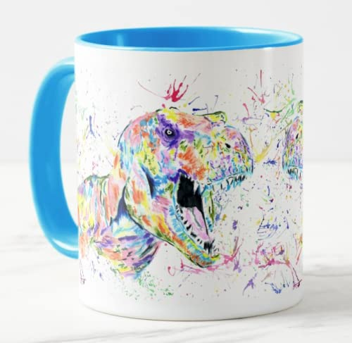 Vixar Dinosaur T-Rex Tyrannosaurus Watercolour Rainbow Art Coloured Mug Cup Gift Birthday Work Office Christmas Tea Coffee (L Blue)