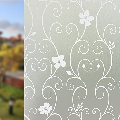 DIFIT Window Film Privacy Film for Glass Windows Frosted Window Film Flower Patterned Static Cling Self Adhesive Window Frosting Film Anti UV Opaque Glass Film for Home (White Flower, 90x200cm)