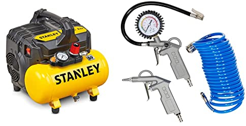 Stanley 100/8/6 Silent Air Compressor DST 100/8/6SI, 750 W, 230 V, Giallo & Güde Druckluft-Set 3tlg. 84091, Blau/Grau