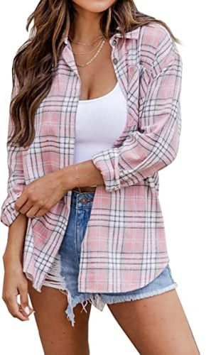 NUOREEL Womens Plaid Shirts Button Down Flannel Shirts Boyfriend Long Sleeve Shirts (Large, Pink1)