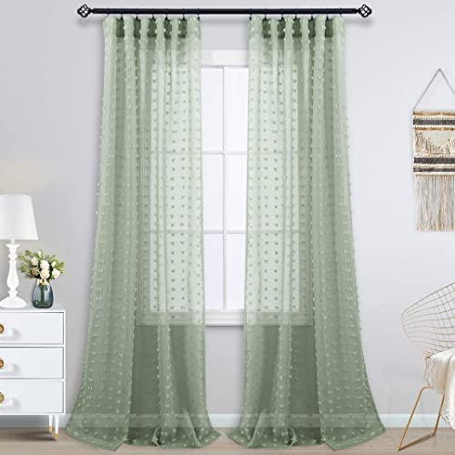 KOUFALL 2 Panels Boho Curtains 84 Inches Long for Living Room Bedroom Sage Green Decor Pom Pom Design Sheer Pattern Window Treatments Curtain with Back Tab Rod Pocket,52x84 in Length