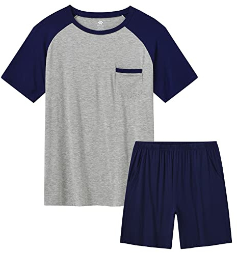 MoFiz Pigiami Uomo Estivo Morbido Pigiama Set da Notte Casa Due Pezzi Maglietta Manica Corta e Pantaloncini con Tasche Blu Marino EU 3XL