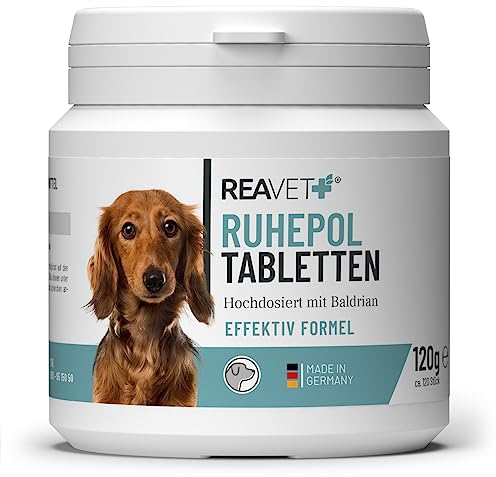 ReaVET Ruhepol Tabletten für Hunde 120 Stück – mit Baldrian und Johanniskraut I Wohlfühlen, Umzug, Silvester, Verlust mit hoher Akzeptanz