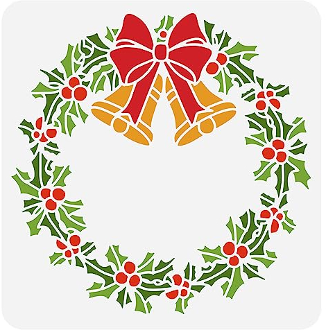 FINGERINSPIRE Weihnachtskranz-Schablone, 30 x 30 cm, Blumenkranz-Schablone, Kunststoffglocken, Schleife, Weihnachts-Stechpalmenmuster, Schablone, Weihnachtsmotiv, Schablone für Holz, Wand, Tür,