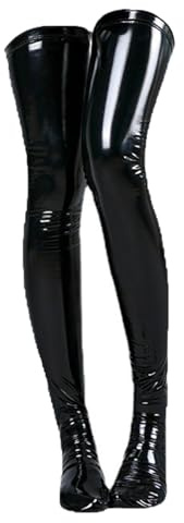 Jugaoge Damen Halterlose Strümpfe Wetlook Lack Leder Strapsstrümpfe Oberschenkel Hohe Socken Überknies Bein Stulpen Glänzend Clubwear Schwarz Einheitsgröße