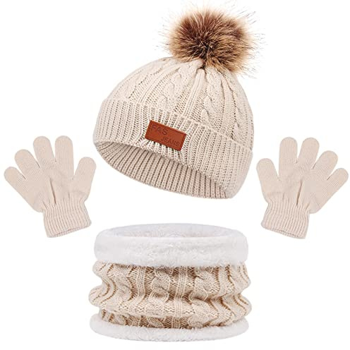 Enwokran 3 Piezas Conjunto Bufanda y Gorro y Guantes de Punto para Niña Niños, Invierno Lindo Guantes Cálido Bufanda Punto Beanie Gorros con Pompon para Niña-Niño 2-6 (Beige)