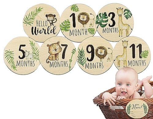 7 Tarjetas de hito de Madera para bebé, Mes de bebé, con Placa de Anuncio, Discos de Madera de Doble Cara, Regalos