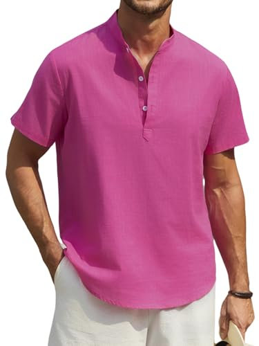 Enlision Camisa de Lino Hombre Verano Manga Corta Camisas Fucsia para Hombres Cuello Mao Ibicenca Camiseta con Botones Casual Elegantes Playa Ropa XL