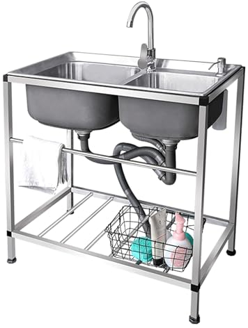 Lavello da cucina a doppia vasca con rubinetto - Lavatoio da Giardino Esterno 2 Vasche - Lavello autoportante in acciaio inox con gambe per lavanderia Lavandino Multifunzionale per interno esterno