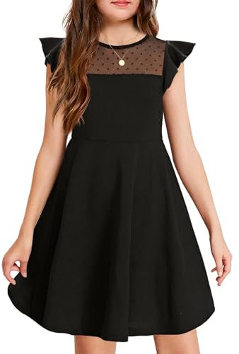 Arshiner Girls Summer Dress Flutter Short Sleeve Mesh Skater Dress Kids Party Dressss with 2 Side Pockets Plain Casual A-line Dresses 6-7T Black 120