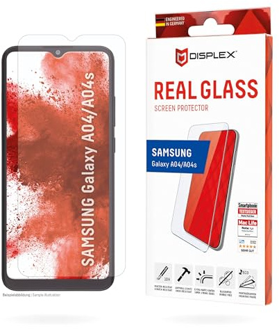 Schutzglas für Samsung A04s, A04 (10H), kristallklar, mit Eco-Montagerahmen | DISPLEX Real Glass, 10H Panzerglas, Bruchschutz, extra-harte Kanten, kratzfest, Anti-Shock, kristallklar, hüllenfreundlich
