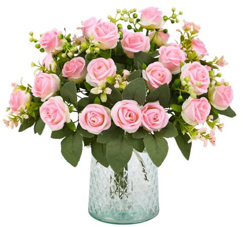 JUSTOYOU 4PS künstliche Blumen Rosen, helle rosa Seide Rose Sträuße mit Stiel, gefälschte Blume realistische Rose für Hochzeit Home Garten Party Büro Dekor (Hellrosa)