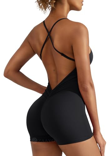 ZAAYO Damen Workout Jumpsuits Shorts Sexy Backless Gym Bodycon Scrunch Butt Yoga Bodycon One Piece Full Body Suit Stretch Elegant Jumpsuits Schwarz Small