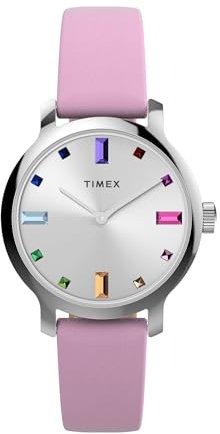 Timex Orologio da donna Trend da 31 mm, cinturino a sgancio rapido in due pezzi, in pelle viola, quadrante argentato e cassa argentata TW2W84800