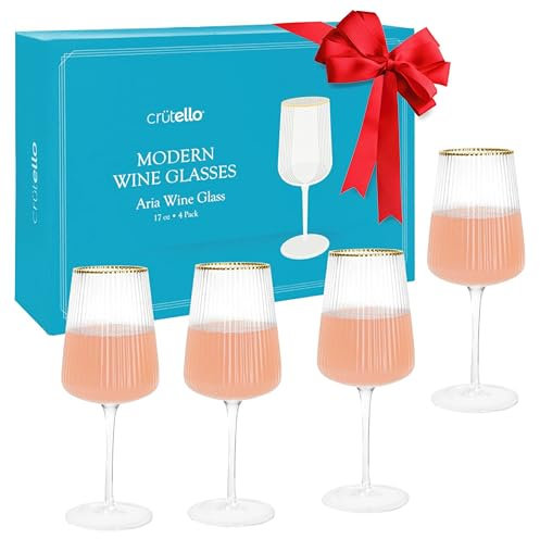 Crutello Modern Wine Glasses - 17 oz Unique Fluted Glassware with Vintage Ribbed Glassware Texture and Gold Rim, Art Deco Red or Fancy White Wine Glasses - Set of 4