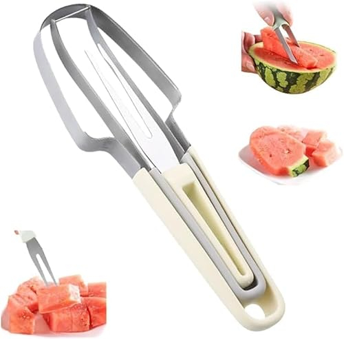 HiGropcore 3-in-1 Watermelon Fork Slicer Cutter Stainless Steel Watermelon Popsicle Cutter Portable Melon Cutter and Fruit Forks Summer Watermelon Cube Cutting Tool for Kitchen Gadget Camping