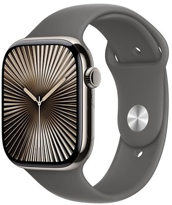 Apple Watch Series 10 (GPS + Cellular 46 mm) Smartwatch mit Titangehäuse in Natur und Sportarmband in Steingrau (S/M). Fitnesstracker, EKG App, Always-On Retina Display, Wasserschutz