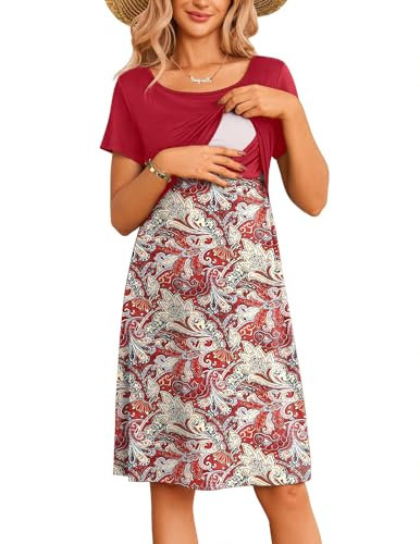 Ekouaer Robe Femme Enceinte Robe Grossesse Col Rond Robes Maternité Elégante Chic Imprimé Sexy Confortable, Vin Rouge, S