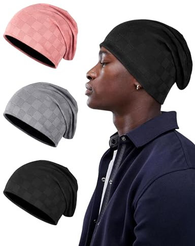Kiiwah Long Bonnet stylé, avec Texture de Treillis, Unisexe Slouch Beanie pour Homme Femme, Bonnet Automne Hiver pour Sportif Quotidien Chimio (Noir)