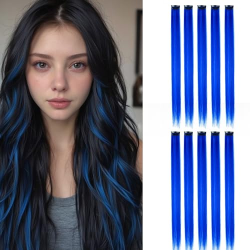 BUYOGET Extension colorate per capelli con clip, 10 pezzi, colore blu, da donna | 55,9 cm, capelli sintetici colorati, colore blu zaffiro, perfetti per Natale e feste di Halloween