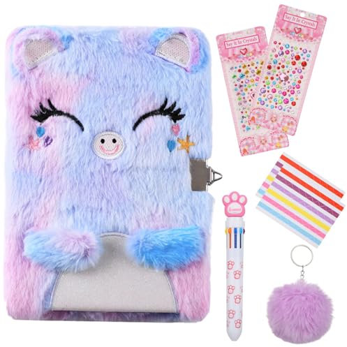 Secret Diary with Lock for Girls, Plush Smile Cat Journal Notebook Set Gradient Blue Lockable Diary with Pompoms Keychain, Multicolored Pen, Diamond Stickers Gift for 6-12 Year Old for Girls and Boys