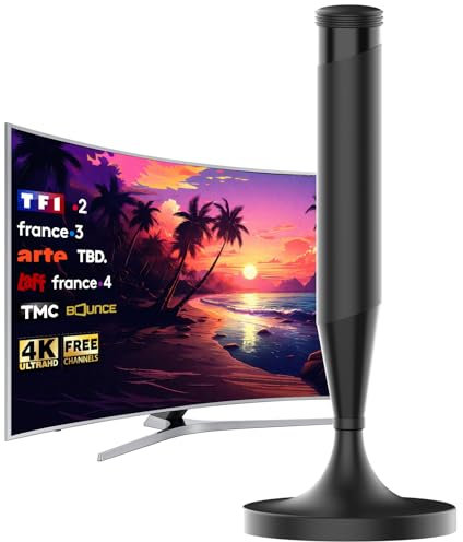 Antenne TV Intérieure TNT HD 4K – Réception 360° Longue Portée 420 km, Base Magnétique Forte, Installation Facile, Amplificateur de Signal 25 dBi, Câble Coaxial 5m, Compatible Smart TV