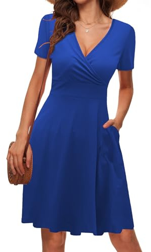 LIAMERHE Robe Femme Bleu M A-Line Casual Robe de Plage D'été 2025 Col V Elegant Robes Ete Manches Courtes