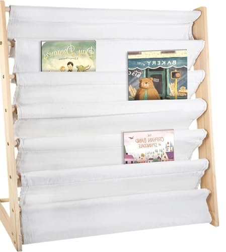 CROWNSHOP Children's Bookshelf 4 Tier Childrens Bookcase Wooden Kids Sling Storage Book Shelf Shelf with Soft Canvas for Kids Room and Nursery Wood 61 * 60 * 26.5CM
