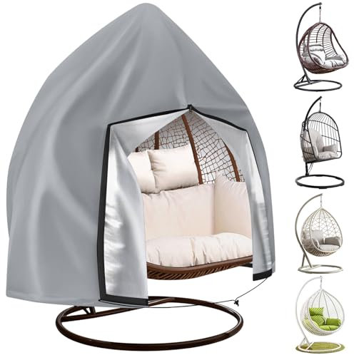 Teynewer Patio Hanging Egg Chair Cover, Outdoor 2 seat Cocoon Swing Egg Chair Cover Waterproof with Zipper, 210D Heavy Duty Veranda Garden large Cover for egg chair on stand 230 x 200 cm, Grey