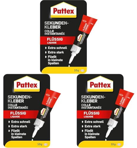 Pattex Sekundenkleber Flüssig, spülmaschinenfester Superkleber für viele Sofortreparaturen, schnelltrocknender farbloser Flüssigkleber, 1 x 10g (Packung mit 3)