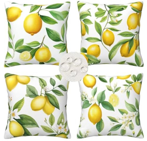 Outdoor Cushions 45cm x 45cm Set of 4 Waterproof Plants Cushion Covers Square Decorative Pillows Lemon Throw Pillow Case with Invisible Zipper for Outdoor Garden Patio Couch Bench 18x18 Inches -LI294