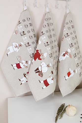 textile idea - Set mit 3 Geschirrtücher Halbleinen 46x60 cm, Küchentücher, Kleine Handtücher 60% Leinen, 40% Baumwolle, Handtuch mit Aufhänger - Köche, 3 STK.