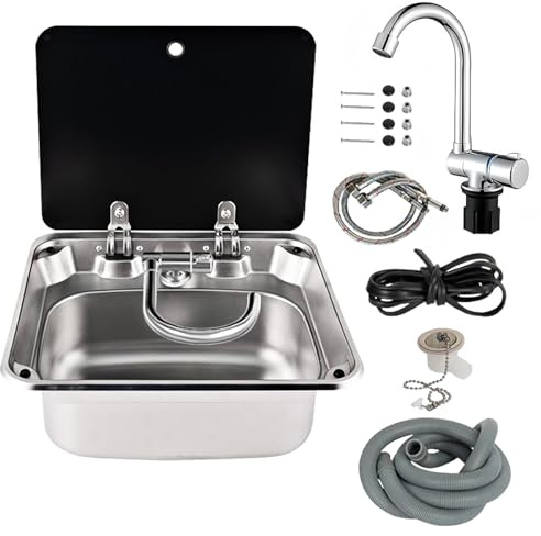 Fregadero para autocaravana con tapa, 16.5 × 14.6 × 5.9 pulgadas, fregadero de cocina de acero inoxidable 304 con grifo giratorio plegable de 360° y cubierta de vidrio templado para caravana