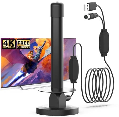 Antenna TV Interna Amplificata con Base Magnetica – Ricezione 360°, Supporta 4K 1080p DVB-T/DVB-T2, Cavo Coassiale 5M, Antenna Digitale Terrestre per Smart TV, Installazione Facil