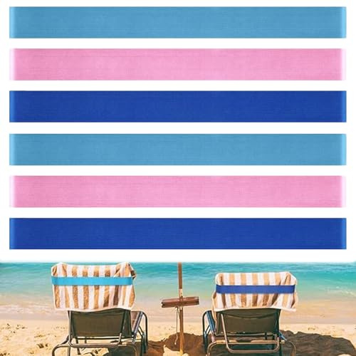6-Pack Beach Towel Bands for Sun Loungers & Cruise Chairs Windproof Elastic Sunbed Towel Holders Straps for Pool, Holiday & Camping (Pink, Navy Blue, Light Blue Combo)