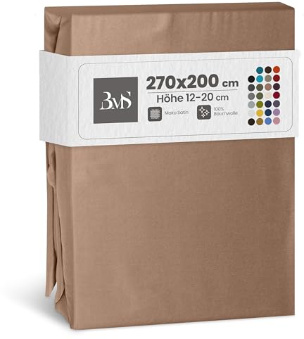 Bettwaesche-mit-Stil Familienbett Spannbettlaken Mako Satin Spannlaken Spannbetttuch (270x200 cm, Matraztenhöhe 12-20 cm, Hellbraun)