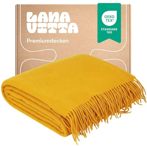 Lanavitta – Wolldecke „Runo“ – Tagesdecke & Bettüberwurf – 100 % Neuseeland-Wolle, Warmer Sofa-Plaid – Gelb – 140x200 cm