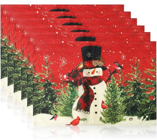 NVGVUP Linen Christmas Placemats Set of 6: Pine Trees Snowman Table Mats | Vintage Washable Xmas Table Place Mats for Home Party Kitchen Dining Decor (45 x 30cm)