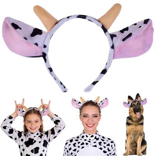 CERCTLA Kuh Stirnband, Tierkopf Tragen Kuh Ohr Stirnbänder, Kuhhorn Stirnband, Plüsch Tier Ohren Stirnbands Tier Haarreif mit Ohren für Fasching Cosplay Party