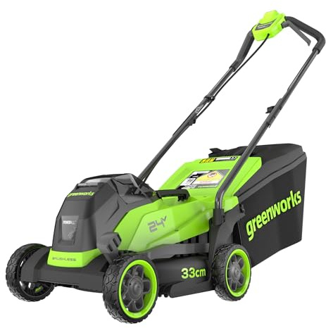 Greenworks 24V Tondeuse à Gazon, Largeur de Coupe 33 cm, Jusqu’à 280 m², bac de ramassage 30 L, réglage Central de la Hauteur de Coupe en 6 Positions 25–75 mm, sans Batterie ni Chargeur – LM3302