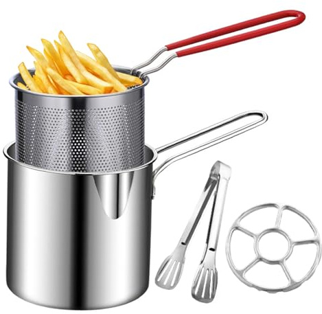 Fryer Pot with Basket Stainless Steel Small Chip Pan with Handle and Clip Mini Tempura Fryer for Home Frying French Fries Chicken Wings Shrimp Healthy Splash-Free Cooking Pot, Silver